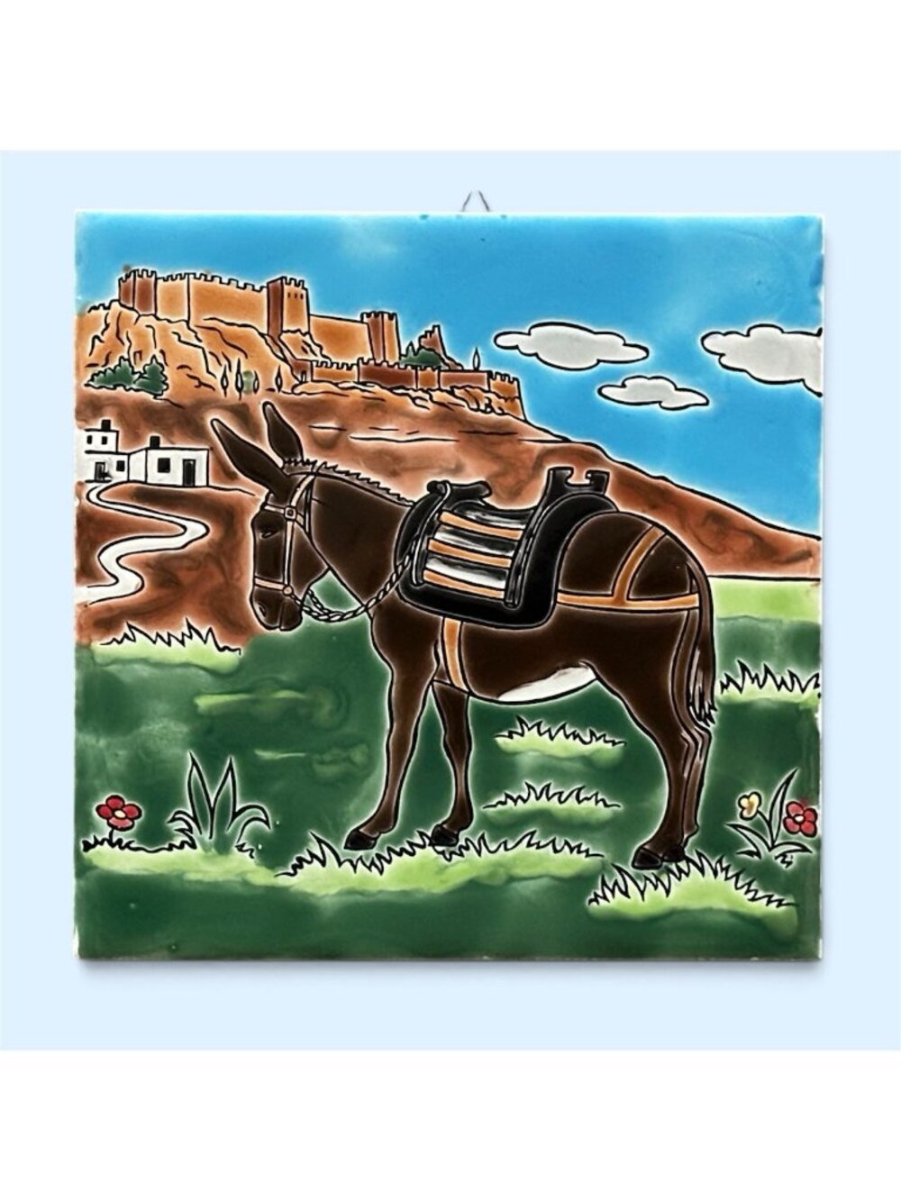 Vtg Nassos Keramik Greek Art Tile Hand Painted Donkey Paradissi Rhodes Greece 6"
